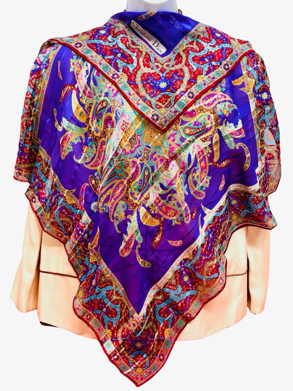 Christian Dior Soft 00% Silk Scarf Chiffon & Satin PurplePaisley Floral 31"(21 - Picture 13 of 14